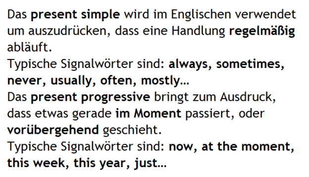 Signalwörter Simple Present Und Present Progressive
